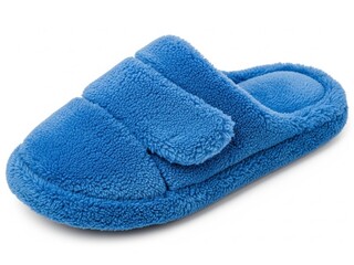 Blue plush slipper with strap isolated on white background