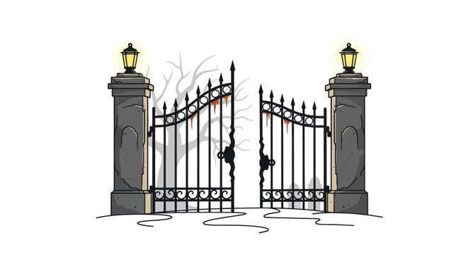 Ornate Black Wrought Iron Gates with Stone Pillars and Lanterns.