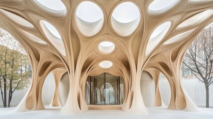 Modern building entrance with organic wooden structures, featuring unique ceiling openings