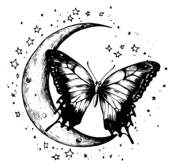 Hand drawn line art illustration of a butterfly and crescent moon depicting a mystical celestial scene for fantasy and nature designs