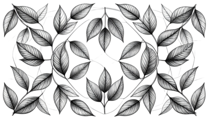 Monochrome illustration of stylized leaves forming symmetrical design