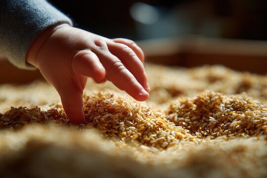 Baby hand touching and playing with grains of rice in a sensory bin