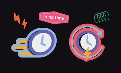 in no time のステッカーイラスト &ndash; 即時性とスピードを示すラベル表現