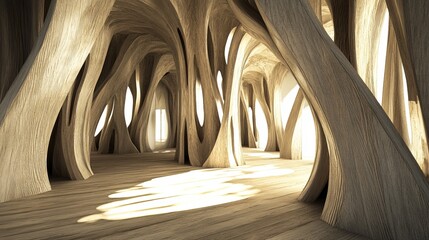 Abstract wooden interior. Curving supports create a naturally lit corridor. Sunlight streams through openings, illuminating organic forms