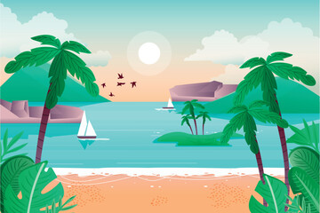Naklejka premium Tropical Beach Landscape with Palm Trees and Sailboats Illustration Sunny Tropical Island Beach with Palm Trees IllustrationPeaceful Tropical Seaside with Sailboats and Palm Trees