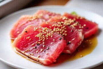 Close-up tuna carpaccio with sesame and soy-oil glaze.