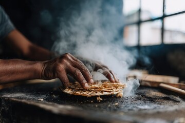 Close-up hands making handmade corn tortilla on comal in Mexican street market.
