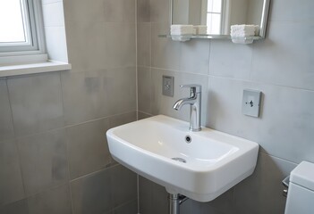 Fototapeta premium Modern bathroom with a sleek white sink, chrome faucet, and elegant grey tiled walls. bathrrom sink 