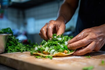 Close-up hands assembling tacos with cilantro and onions on warm tortillas.