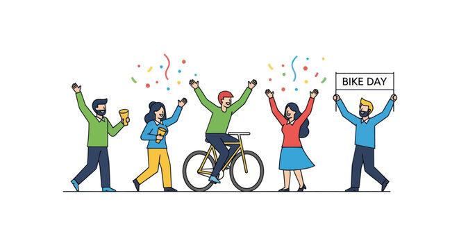 Group of People Celebrating Bike Day with Confetti and a Cyclist.