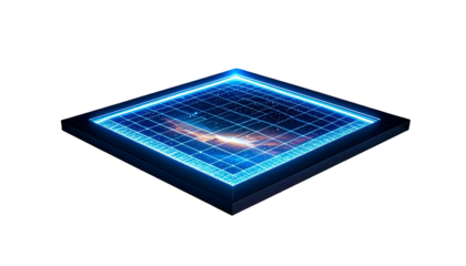 Blue glowing cube, showing grid over a nebula against black