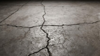 Obraz premium Deep cracks spreading across a dark damaged concrete floor.