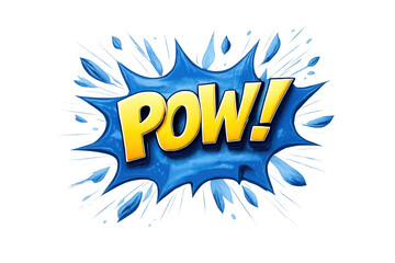 Pow! text in a yellow comic sound effect bubble with blue splash and movement lines, on a transparent background