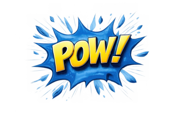 Pow! text in a yellow comic sound effect bubble with blue splash and movement lines, on a transparent background
