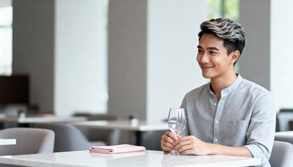 Handsome young Asian man smiling while sitting alone in a modern restaurant. Stylish male customer waiting for a date and holding a wine glass