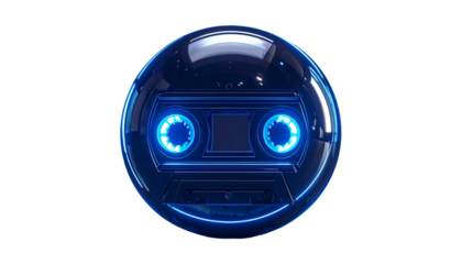 Glossy, futuristic orb with a glowing cassette tape design