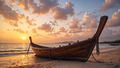 Traditional wooden longtail boat on a sandy beach at sunset with calm ocean waves and dramatic clouds perfect for travel and tropical vacation themes