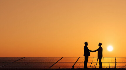 Two business people shake hands near solar panels. Partnership at sunset. Agreement, deal, teamwork and cooperation between professionals in the eco energy industry