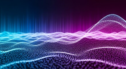 Abstract digital landscape featuring glowing waves of purple and blue light particles and vertical data lines against a dark background