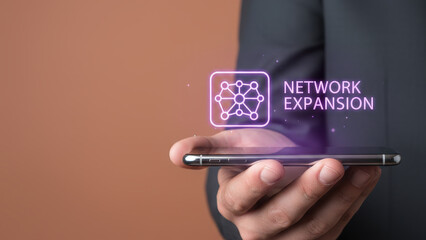 Business technology high speed level up planning strategy concept design network expansion mobile phone digital icon hand holding modern office