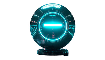 Futuristic, glowing orb with a horizontal light bar against black