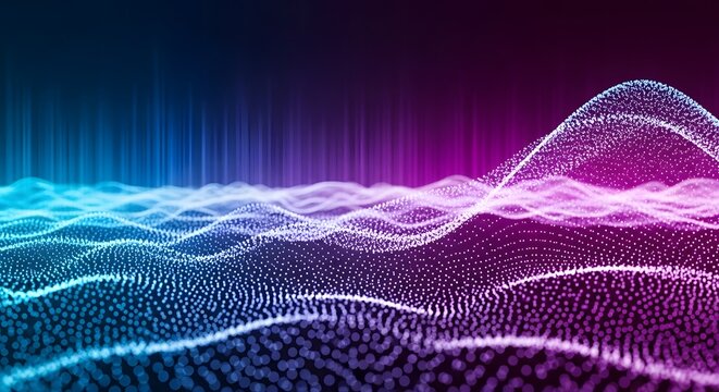 Abstract digital landscape featuring glowing waves of purple and blue light particles and vertical data lines against a dark background - Powered by Adobe