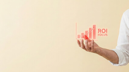 Business high level planning concept with growing roi focus chart hologram over male hand on beige background