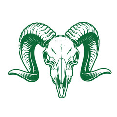 Obraz premium Green illustration of a ram skull with large curved horns on white background