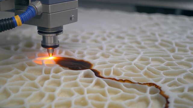 Close-up of a laser cutting machine precisely engraving a complex, honeycomb-like pattern onto a white material, with molten material flowing.