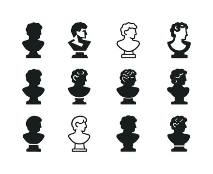 Sculptural Icon Variations. Sculpture. Icon set. Set Logo of Sculpture: bust on pedestal. harmonious logo variations of the same emblematic concept, each with