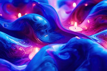 A blue and purple swirl of paint with candles in it