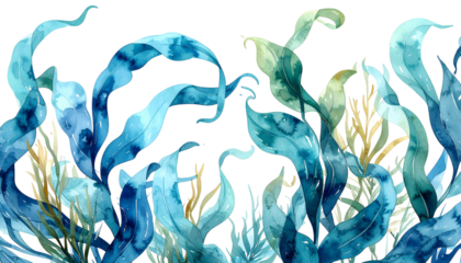 Watercolor depiction of aquatic plants, with flowing blue-green leaves