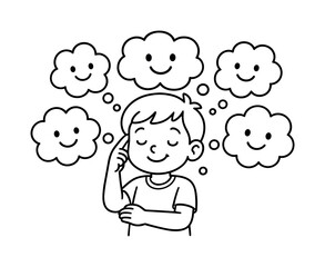 Obraz premium Smiling Thought Bubbles. Positive thinking children?s coloring book illustration, outlined drawing, child surrounded by smiling thought bubbles, educational