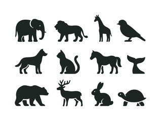 Obraz premium Animal Silhouettes Grid. Animal Silhouettes. Solid icon set of Animal Silhouettes: elephant silhouette, lion silhouette, giraffe silhouette, bird silhouette,