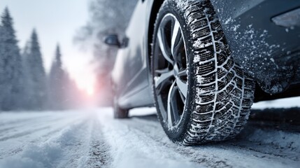 A vehicle navigating a snowy road, a symbol of winter driving, equipped with snow tires. ..Created with Generative AI, not depicting real subjects.