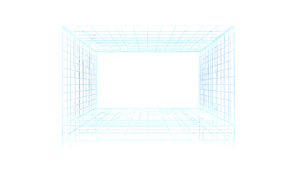 Glowing blue wireframe box floating against a black background