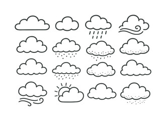 Doodled Cloudscape Icons. Clouds. Hand-drawn doodle illustration Clouds overcast block, soft low cloud, rain curtain, wind wave, sky puff, vapor curve, cloud