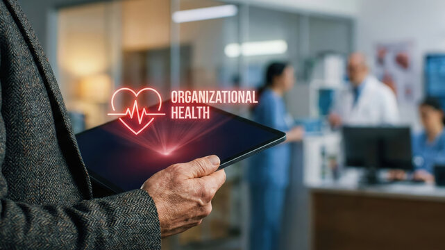 Business high level planning concept for organizational health with tablet in modern hospital office showing medical teamwork focus and strategy - Powered by Adobe