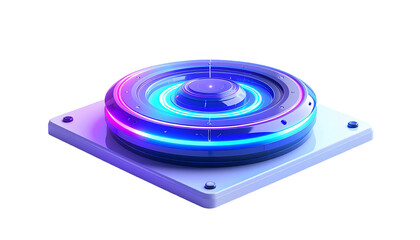 Futuristic tech platform with glowing neon rings on a square base