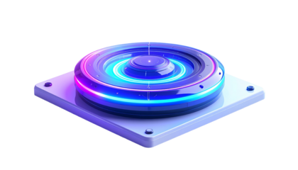 Futuristic tech platform with glowing neon rings on a square base
