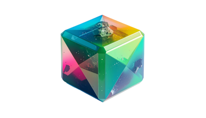 A transparent cube prism refracts light into colorful facets, with subtle depth