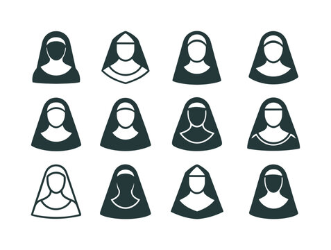 Religious Attire Icons. Religious attire and traditional clothing. Icon set. Set Logo of Religious attire and traditional clothing: Catholic nun
