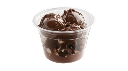 Chocolate ice cream sundae with brownie pieces and chocolate sauce in a clear plastic cup on transparent background