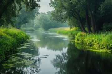 Obraz premium Calm river flows through lush green landscape on a misty morning
