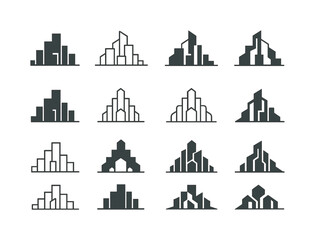 Fototapeta premium Urban Sprawl Logos. Urban sprawl. Icon set. Set Logo of Urban sprawl: growing skyline. harmonious logo variations of the same emblematic concept, each with