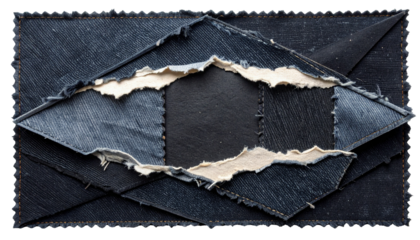 Torn denim envelope reveals a contrasting interior, showing texture and detail