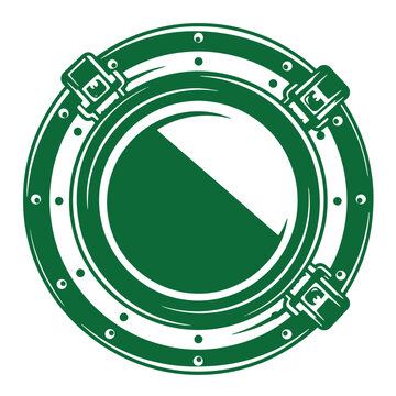 Green porthole window with metal frame and bolts  nautical design element