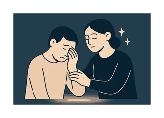 Fototapeta premium Comfort in Grief. Grief support. A figure in tears being gently supported; soft curved outlines and spark icons showing quiet presence. Subtle gradient glow