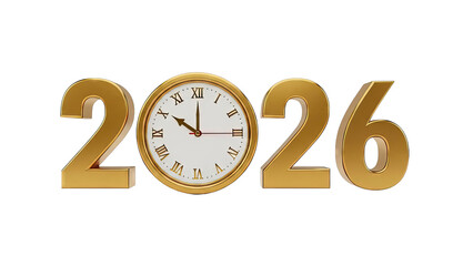 Golden 2026 with Clock on White Background