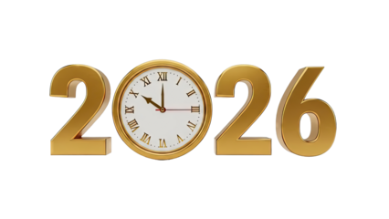 Golden 2026 with Clock on White Background